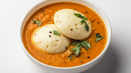 Idli sambar in bowl on white background, healthy south indian food