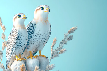 Obraz premium Two beautiful birds perched on a soft surface with a serene blue background, showcasing nature's elegance