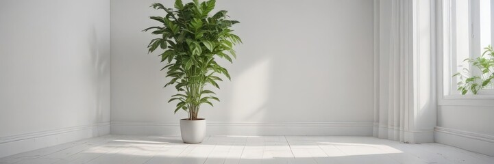 Empty white room, large leafy plant in corner,  texture,  decor