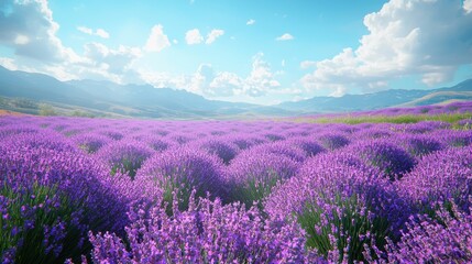 Fototapeta premium Lush lavender field stretches across a valley under a bright sky