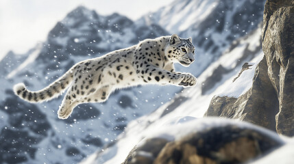 snow leopard long jump between snowy Himalayan cliff cinematic wild photography action shot 
