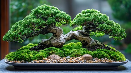 Two bonsai trees with moss and stones