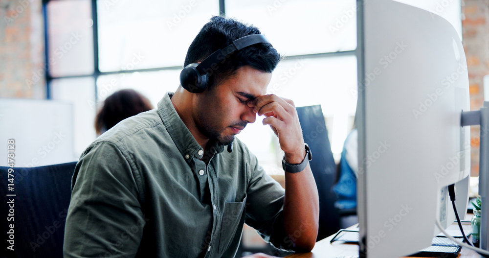 Poster computer, headache and stress with man in call center for assistance, feedback or problem solving. b