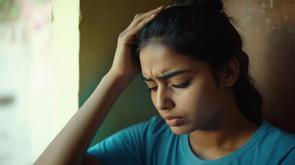 Portrait of indian girl having headache 