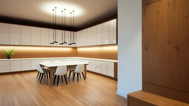 Modern living room with wooden wall unit and open kitchen in a contemporary apartment