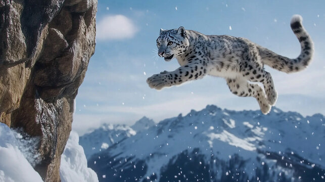 snow leopard long jump between snowy Himalayan cliff cinematic wild photography action shot 