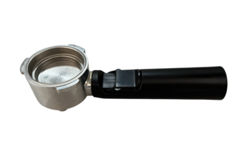 Portafilter with black handle for coffee machine on transparent background