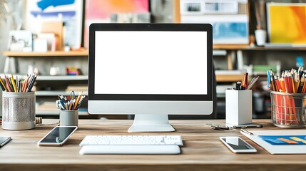 Naklejka premium Modern workspace desktop computer with blank screen.