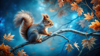 Obraz premium A Fluffy-Tailed Squirrel Perched on a Branch Amidst Autumn Leaves, a Serene Woodland Scene at Twilight