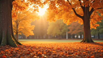 Luxurious Autumn Bokeh Background with Golden Maple Trees in Park – Perfect Copyspace for Magazines, Ads, and Branding
