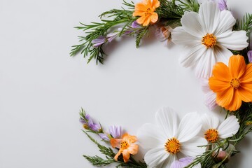 Obraz premium Floral arrangement in a crescent shape on a light background.