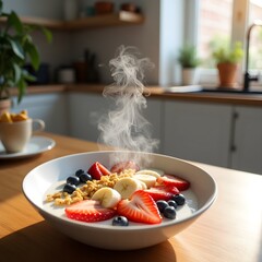 "A steaming bowl of hot yogurt topped with fresh strawberries, blueberries, banana slices, and granola, placed on a wooden kitchen table in a bright, modern kitchen. 