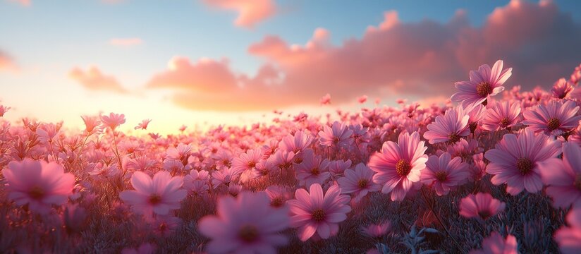 Pink cosmos field at sunrise