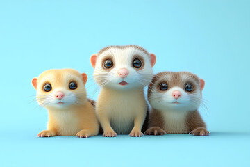 Obraz premium Three adorable cartoon ferrets with expressive eyes posing together against a light blue background