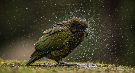 Obraz premium Kea Parrot shaking off water droplets vibrant plumage majestic nature