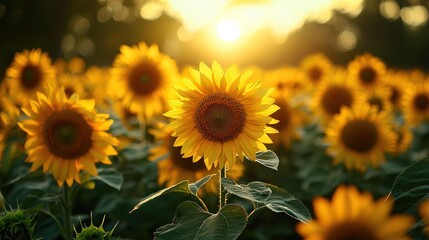 Obraz premium Sunflowers in golden field at sunset