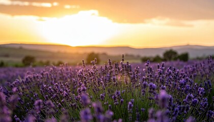 Lavender Field at Dusk: A picturesque view of a lavender field bathed in the warm light of the setting sun, evoking feelings of tranquility, relaxation, and natural beauty. 