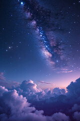 Fototapeta premium moon glowing in purple night sky artwork featuring nebula clouds and cosmic stars visible from aerial fantasy illustration perspective anime aesthetic wallpaper background