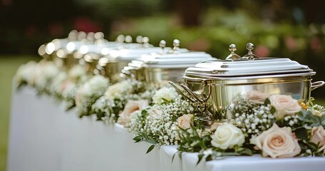 A beautifully arranged buffet featuring elegant silver chafing dishes filled with vibrant salads and dishes. set against a backdrop of floral decorations at a festive outdoor event