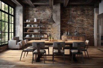 3d render industrial living room dining room with wooden table chair
