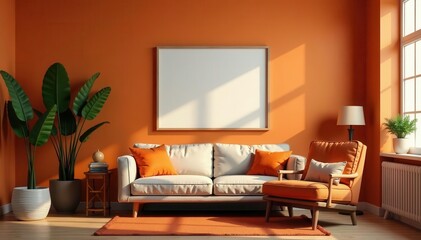 Warm room interior, retro shelf with photo frame, design elements , home, photo frame, photography