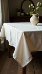 Woven cotton tablecloth draped elegantly on rustic wood table, texture, cotton