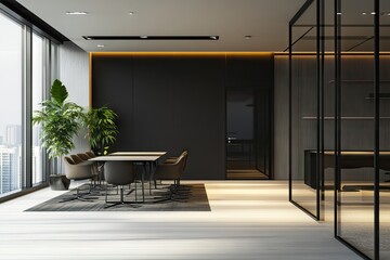 Fototapeta premium Modern office interior showcasing a spacious and well-lit workspace with sleek furniture. large windows revealing a city skyline. and a minimalist design aesthetic