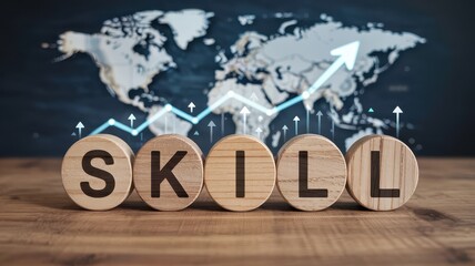 Wooden blocks spelling skill with upward trend.