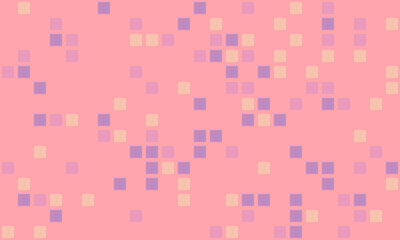Abstract pastel pink background with scattered small squares in varying shades of purple and peach.