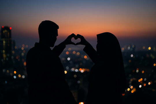 Couple Forming Heart with Hands Over City Lights at Night
