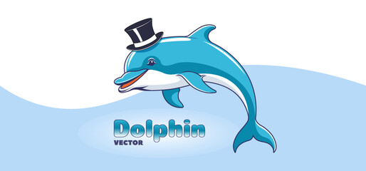 Vector cute cartoon funny kind curved smiling dolphin in top hat. Toon marine friendly smart mammal. Underwater beautiful fauna. Oceanic and sea nature