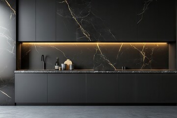 Modern kitchen interior featuring sleek black cabinetry. a stylish faucet. and minimalist decor. with a hint of greenery and subtle lighting enhancing the ambiance