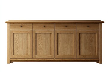 Warm-toned wooden sideboard with four doors and three drawers. Perfect for a living room or dining room.