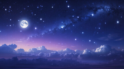 Fototapeta premium night sky illustration with glowing purple moon celestial star field and atmospheric nebula visible from fantasy style aerial perspective anime aesthetic wallpaper background