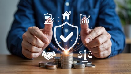 Financial security symbolized by hands holding a protective shield.