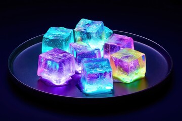 A plate of ice cubes with neon lights inside