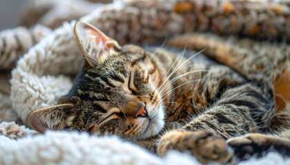 Peaceful nap A tabby cat sleeps soundly nestled in a soft, textured blanket, curled up