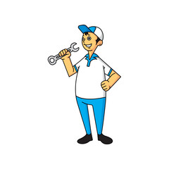 male mechanic character carrying a key to repair a vehicle.eps