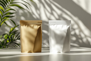 White and brown stand-up pouches on table with window shadows