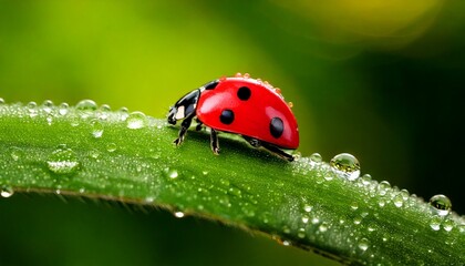 Primer plano de una mariquita posada sobre una hoja. Las gotas de rocío aportan un toque fresco a la escena. Elfo rojo; primer plano; enfoque selectivo.