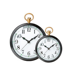 Two antique style pocket watches with classic face on a white background