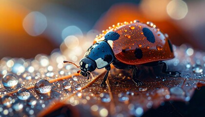 Primer plano de una mariquita posada sobre una hoja. Las gotas de rocío aportan un toque fresco a la escena. Elfo rojo; primer plano; enfoque selectivo.