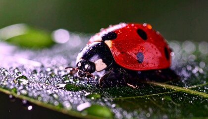 Primer plano de una mariquita posada sobre una hoja. Las gotas de rocío aportan un toque fresco a la escena. Elfo rojo; primer plano; enfoque selectivo.