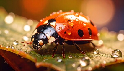 Primer plano de una mariquita posada sobre una hoja. Las gotas de rocío aportan un toque fresco a la escena. Elfo rojo; primer plano; enfoque selectivo.