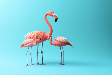 Obraz premium Three vibrant flamingos standing gracefully against a soft blue background, showcasing their elegance