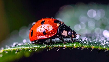 Primer plano de una mariquita posada sobre una hoja. Las gotas de rocío aportan un toque fresco a la escena. Elfo rojo; primer plano; enfoque selectivo.
