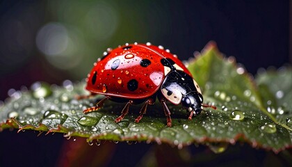 Primer plano de una mariquita posada sobre una hoja. Las gotas de rocío aportan un toque fresco a la escena. Elfo rojo; primer plano; enfoque selectivo.