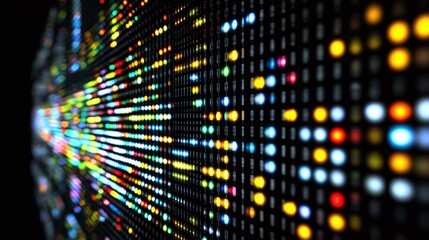 Obraz premium Abstract display with colorful lights arranged in rows and columns creating a dynamic pattern. The dark background accentuates the glowing orbs.