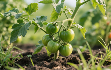 Fototapeta premium Tomato plants thrive in fertile soil, surrounded by wild grass. Green, unripe tomatoes hang beneath imperfect leaves, adding a raw, natural touch. Bright lighting enhances the fresh, organic feel.