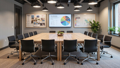 Modern conference room with a large table and black chairs